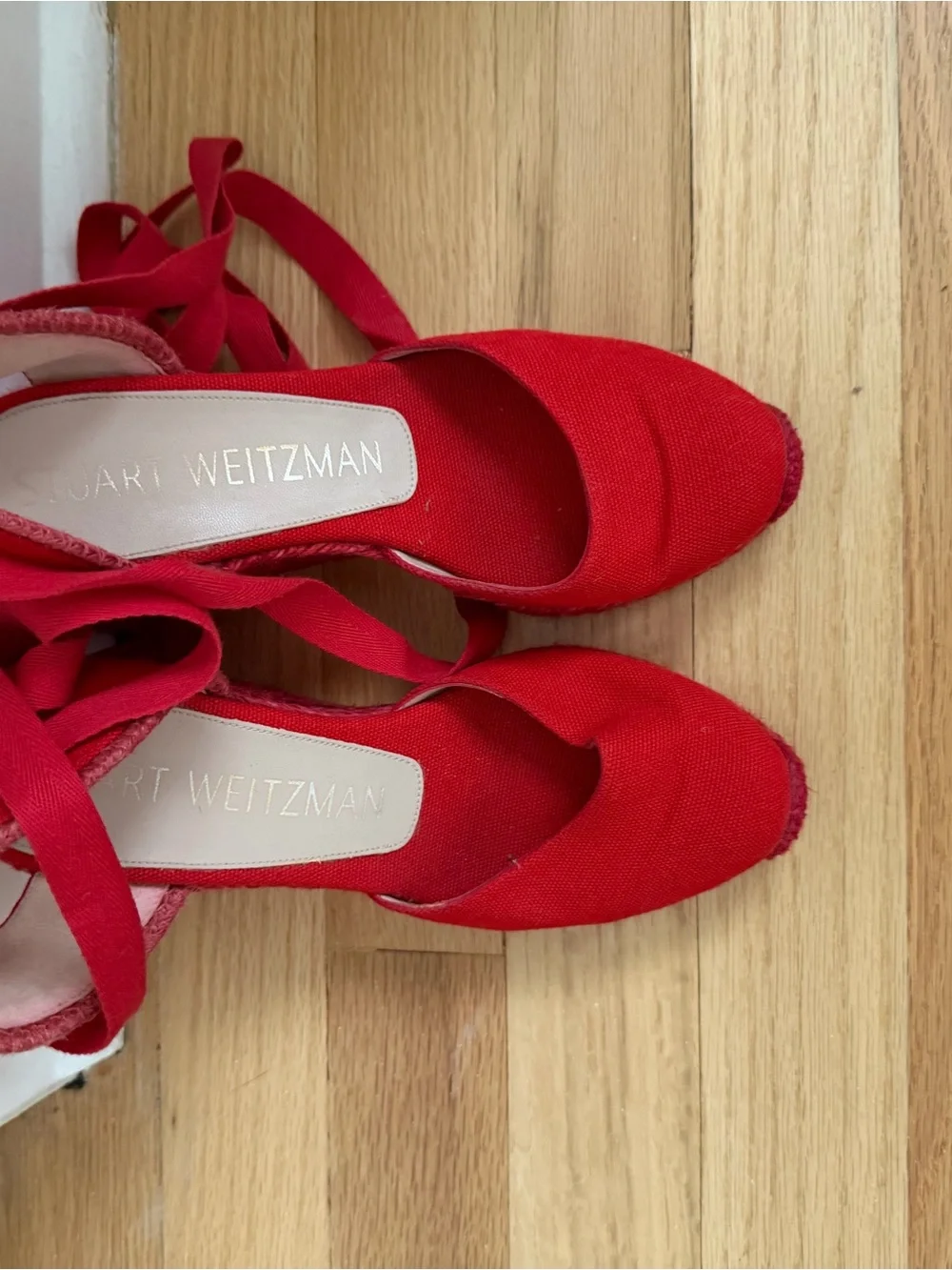 Stuart Weitzman Red Canvas Espadrille Wedge Sandals with Ankle Ties